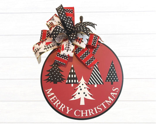 Merry Christmas Doorhanger with Bow, Holiday Door Decor, Black and White Christmas Trees Large SIgn, Thin Red Hanging Holiday Decor with Bow