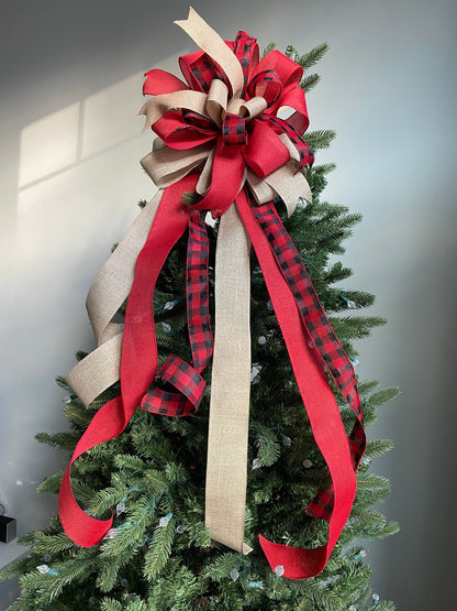 Farmhouse Christmas Tree Topper Bow, Buffalo Plaid and Burpap Bow with Long Tails, Red Black Buffalo Check Christmas Decor, Bannister Bow