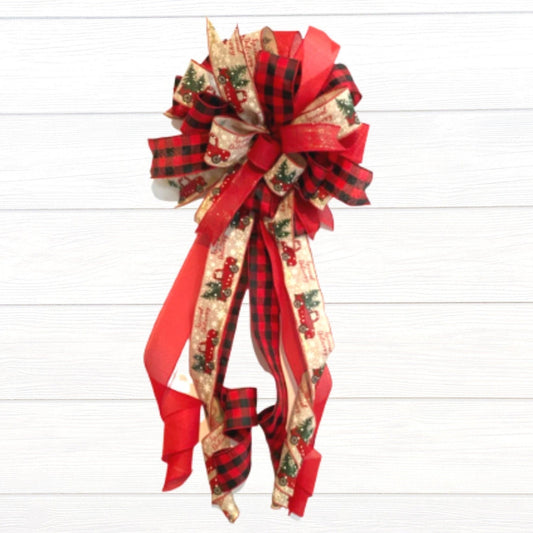 Farmhouse Red Truck Christmas Tree Topper Bow, Buffalo Plaid Bow with Long Tails, Bannister Bow