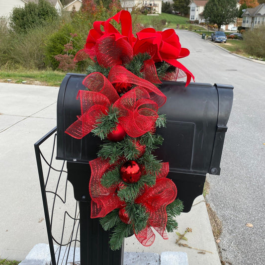 Christmas Mailbox Swag with Red Bow and Ball Ornaments, Wraparound Pine Evergreen Mailbox Swag, Red and Green Xmas Mailbox Topper