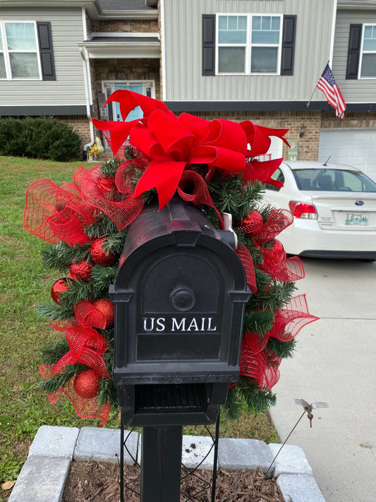 Christmas Mailbox Swag with Red Bow and Ball Ornaments, Wraparound Pine Evergreen Mailbox Swag, Red and Green Xmas Mailbox Topper