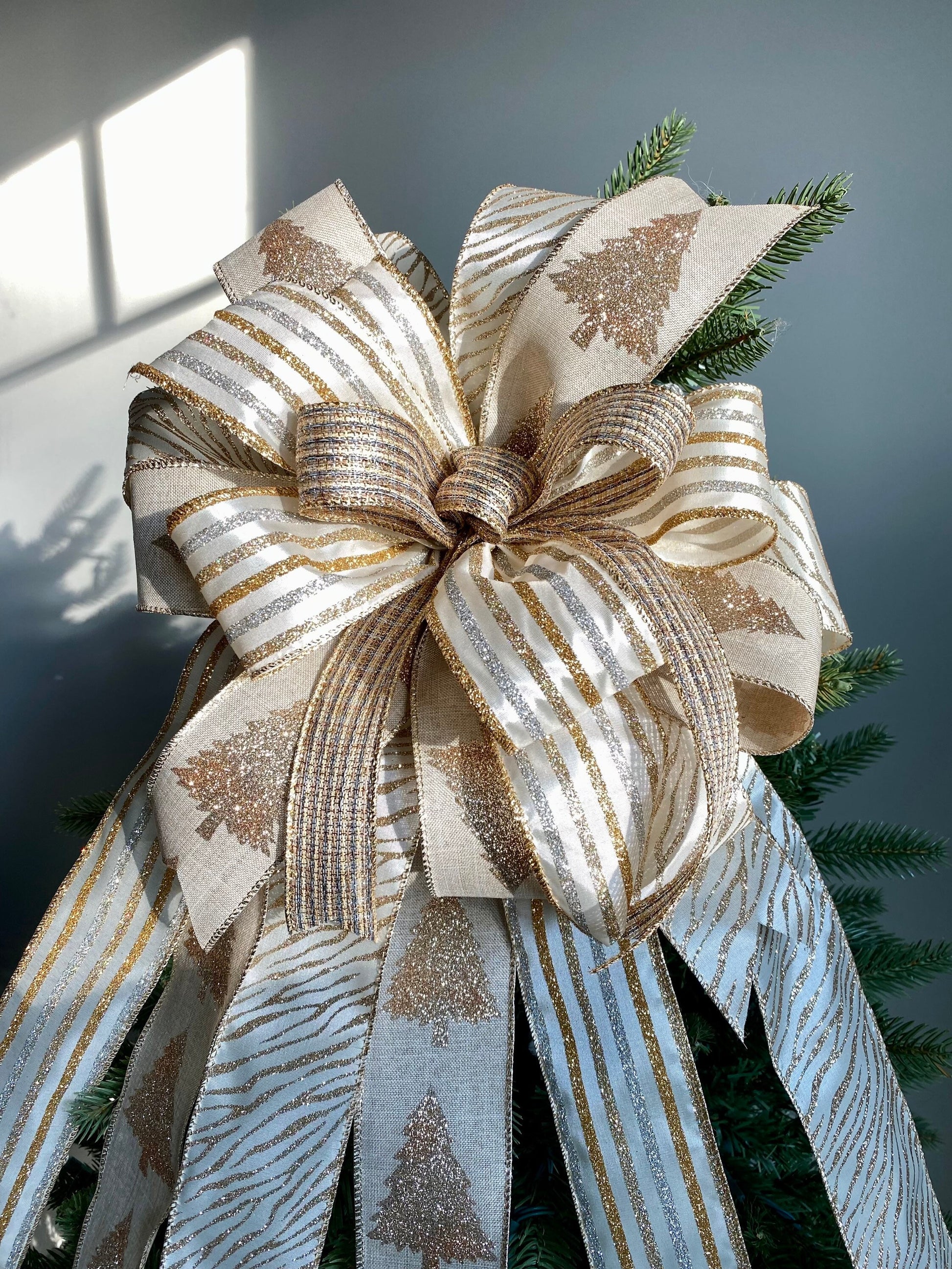 Gold and Silver Christmas Tree Topper Bow, Bow with Long Tails, Large Christmas Bow with Long Streamers, Bannister Bow, Door Bow,