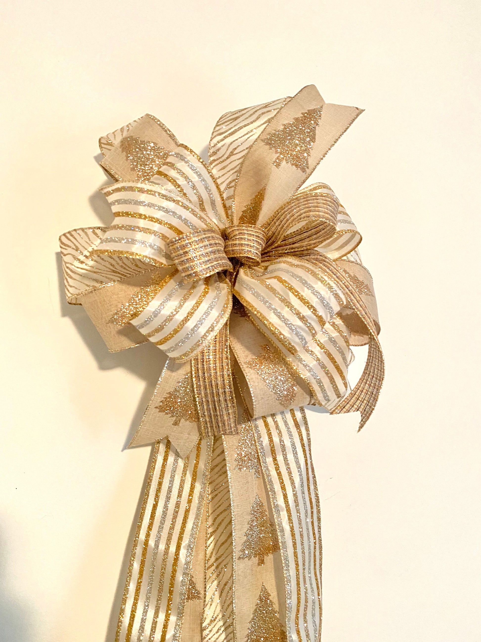 Gold and Silver Christmas Tree Topper Bow, Bow with Long Tails, Large Christmas Bow with Long Streamers, Bannister Bow, Door Bow,