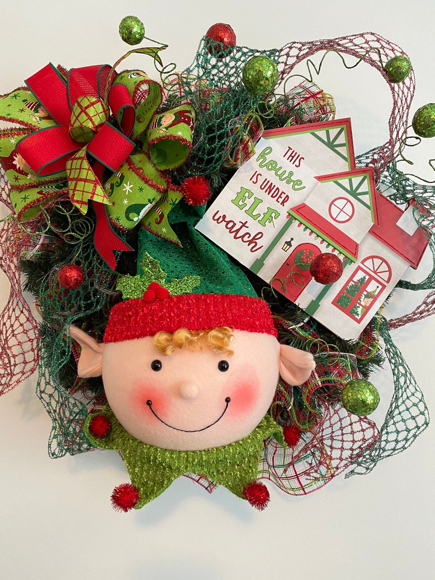 Christmas Elf Wreath for Front Door, House Is Under Elf Watch Wreath, Whimsical North Pole Elf Holiday Decoration, Christmas Wall Decor