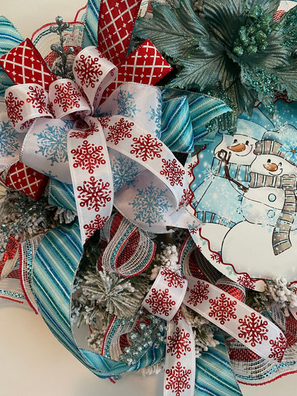 Snowman Winter Wreath for Front Door, Ice Blue and Red Whimsical Christmas Wreath, Winter Wonderland Decorations