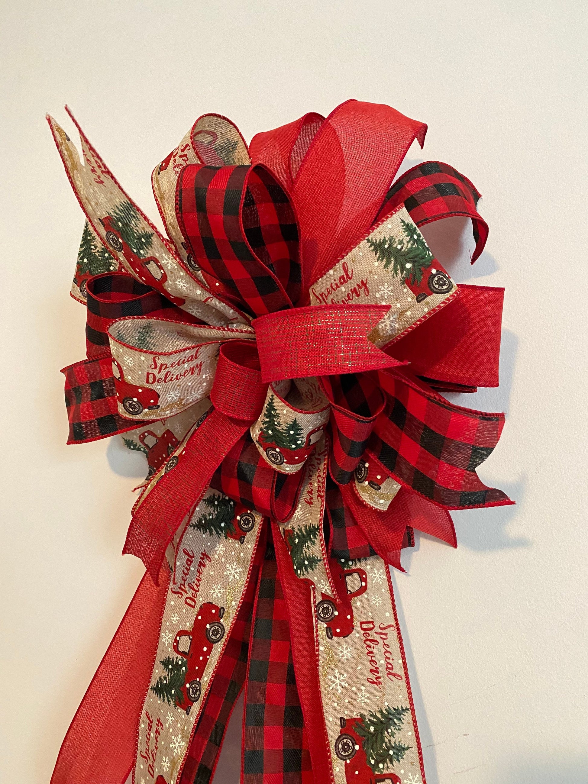 Farmhouse Red Truck Christmas Tree Topper Bow, Buffalo Plaid Bow with Long Tails, Bannister Bow