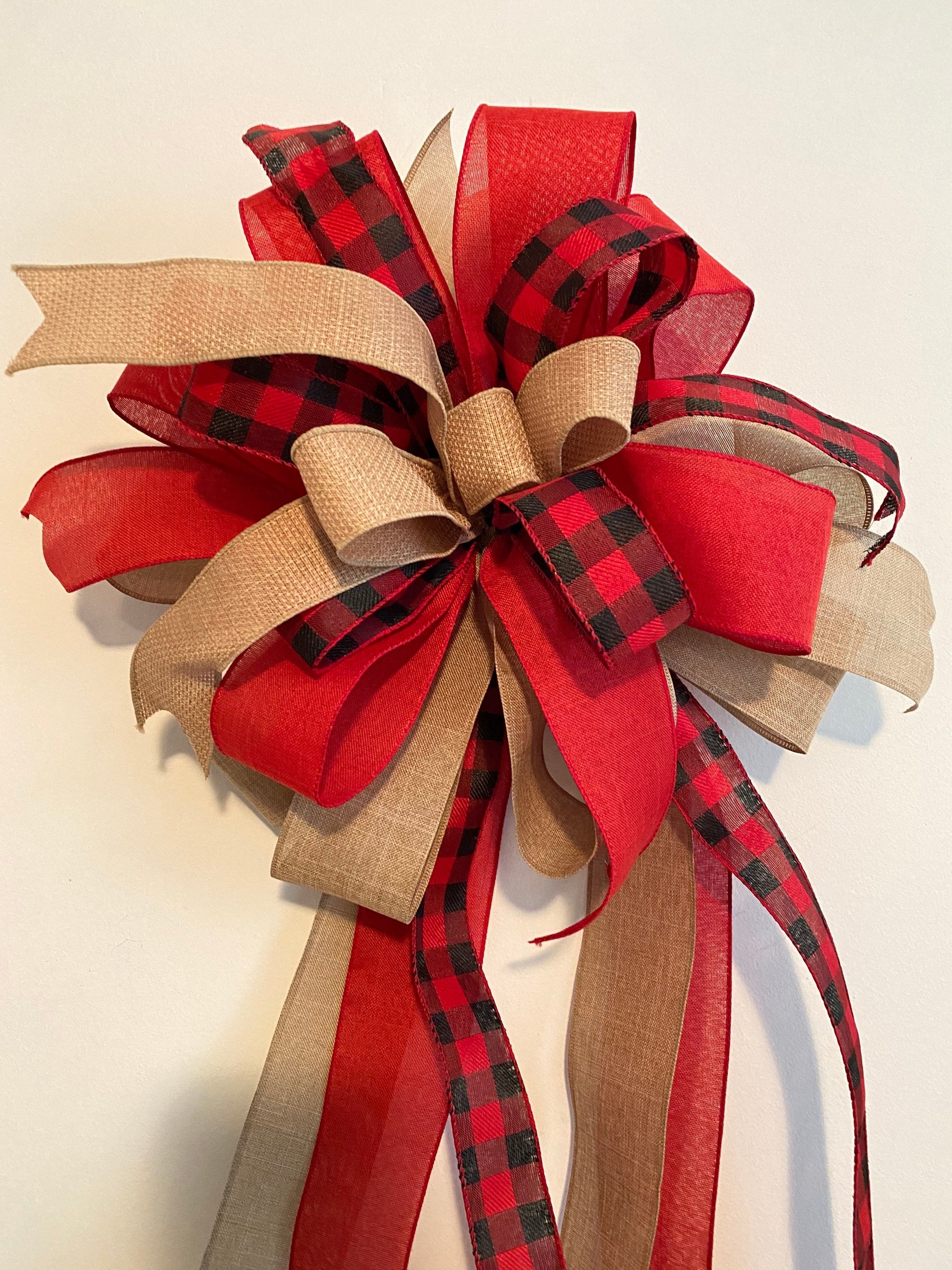 Farmhouse Christmas Tree Topper Bow, Buffalo Plaid and Burpap Bow with Long Tails, Red Black Buffalo Check Christmas Decor, Bannister Bow
