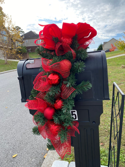 Christmas Mailbox Swag with Red Bow and Ball Ornaments, Wraparound Pine Evergreen Mailbox Swag, Red and Green Xmas Mailbox Topper