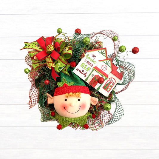 Christmas Elf Wreath for Front Door, House Is Under Elf Watch Wreath, Whimsical North Pole Elf Holiday Decoration, Christmas Wall Decor