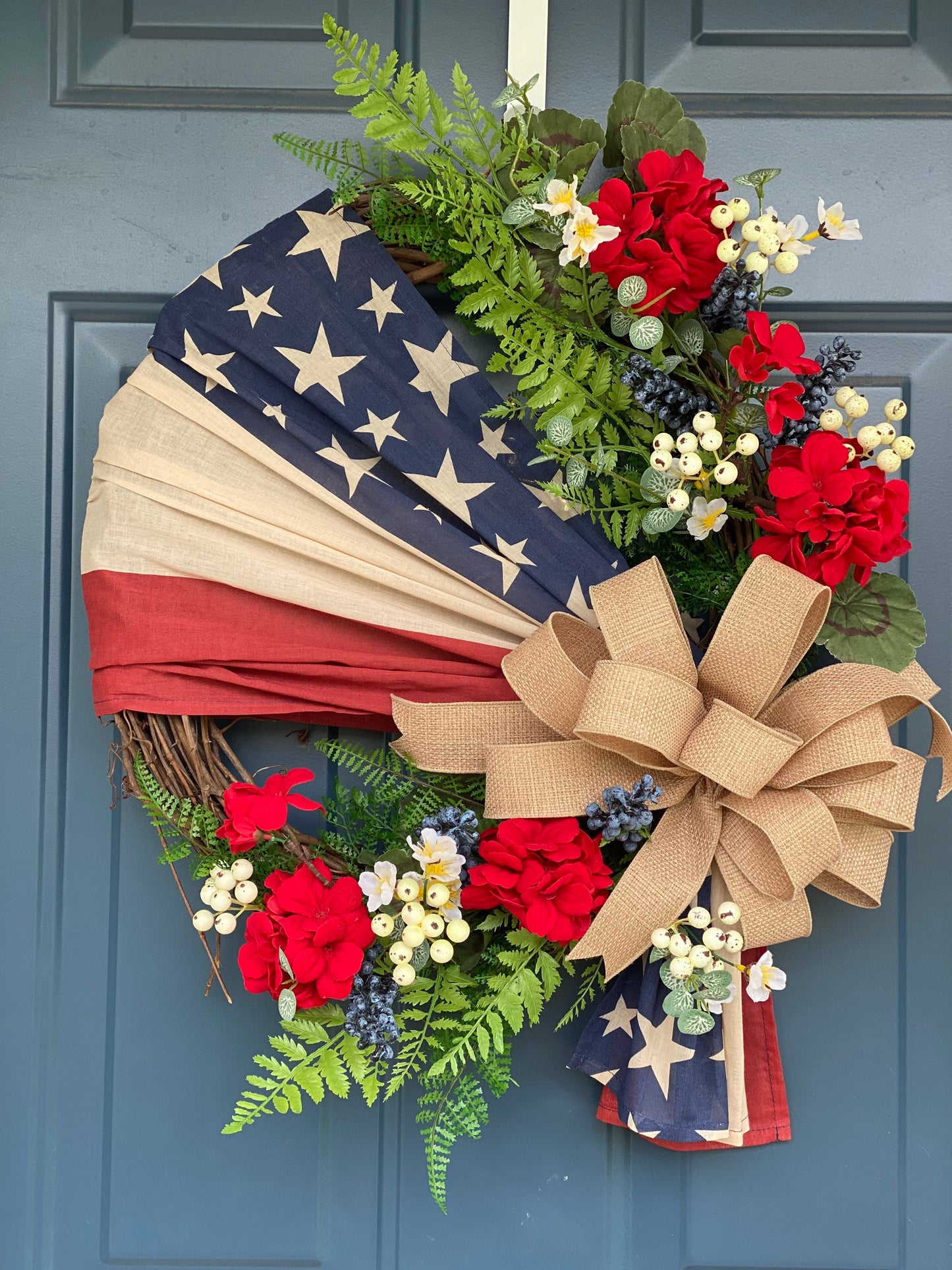 Flag Wreath, Patriotic Floral Grapevine Wreath, 4th of July Wreath, Primitive Americana Wreath, Stars and Stripes Doorhanger