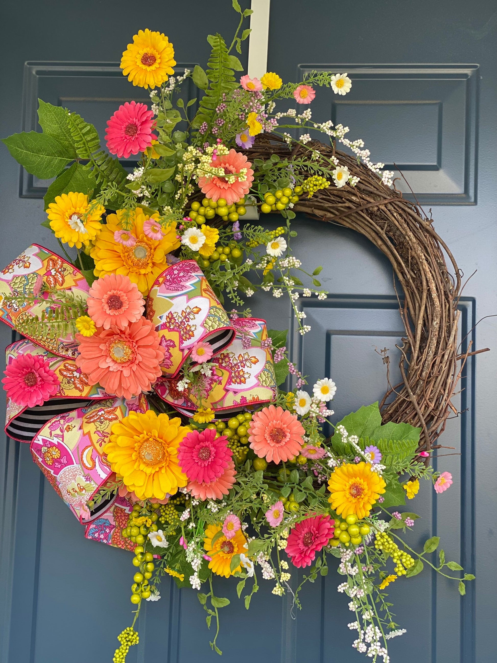 Bright Summer Wreath for Front Door, Gerbera Daisy and Wildflower Wreath, Colorful Porch Decor, Floral Grapevine Wreath for Spring Summer
