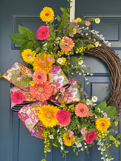 Bright Summer Wreath for Front Door, Gerbera Daisy and Wildflower Wreath, Colorful Porch Decor, Floral Grapevine Wreath for Spring Summer