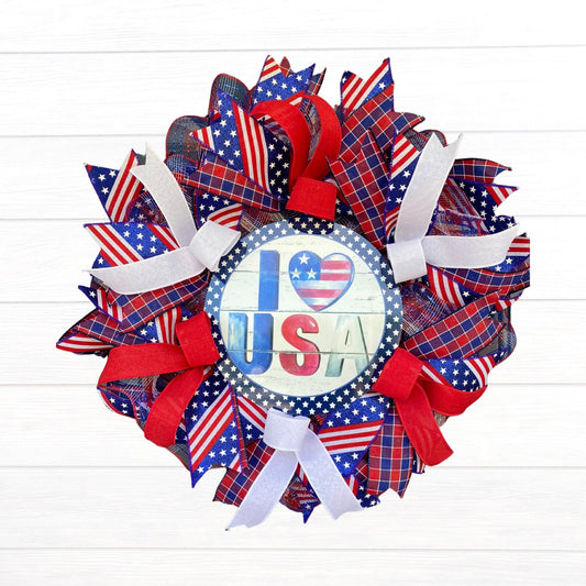 Patriotic Summer Welcome Wreath, Military Family Wreath, Americana Porch Decor, Veteran Gift, 4th of July Wreath