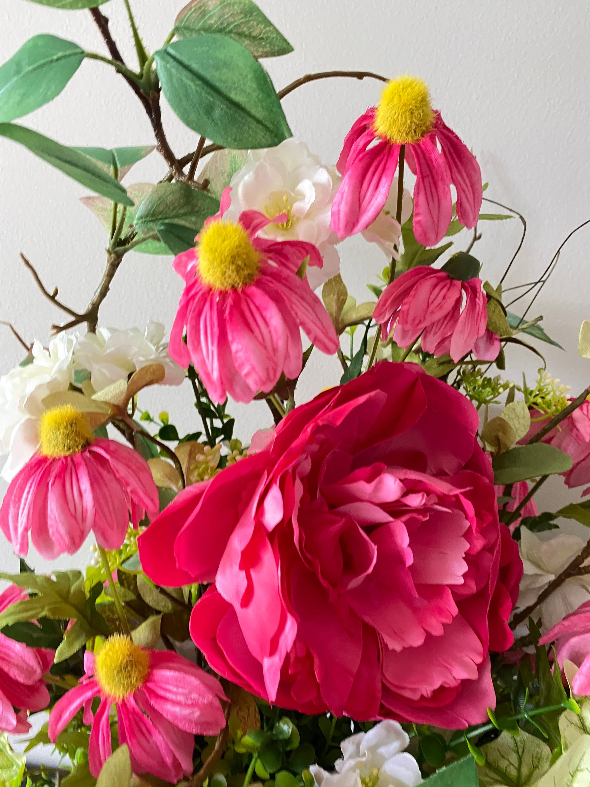 Pink Peony Floral Milk Can Arrangement. Bright Coneflower and Ivy Centerpiece, Summer Porch Arrangement