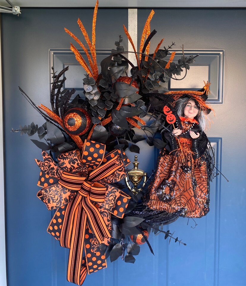 Halloween Witch Front Door Wreath , Orange and Black Outdoor Witch Wreath, Halloween Party Decorations, Spooky Season Black Wreath