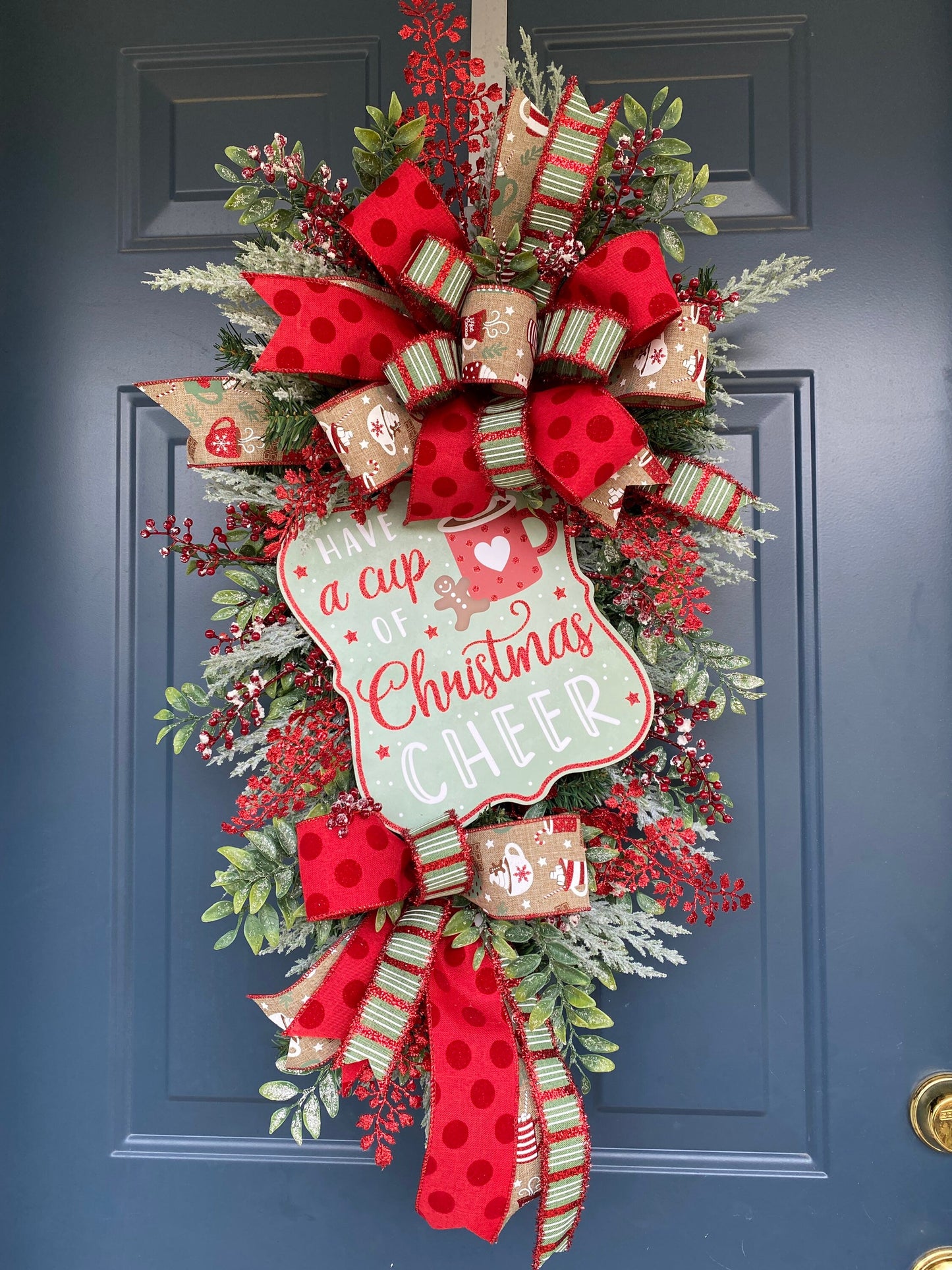 Hot Cocoa Cup Christmas Teardrop Swag Wreath for Front Door, Holiday Kitchen Wreath for Hot Cocoa Bar, Mint green and red outdoor wreath