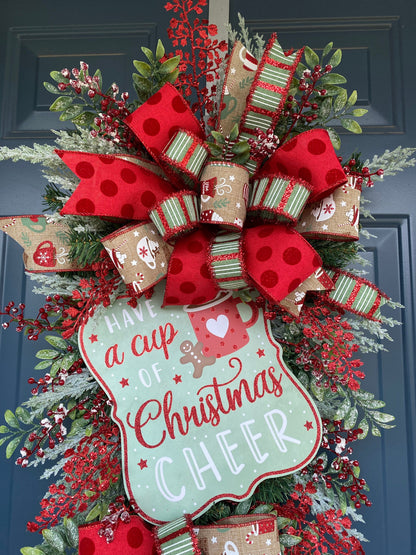 Hot Cocoa Cup Christmas Teardrop Swag Wreath for Front Door, Holiday Kitchen Wreath for Hot Cocoa Bar, Mint green and red outdoor wreath