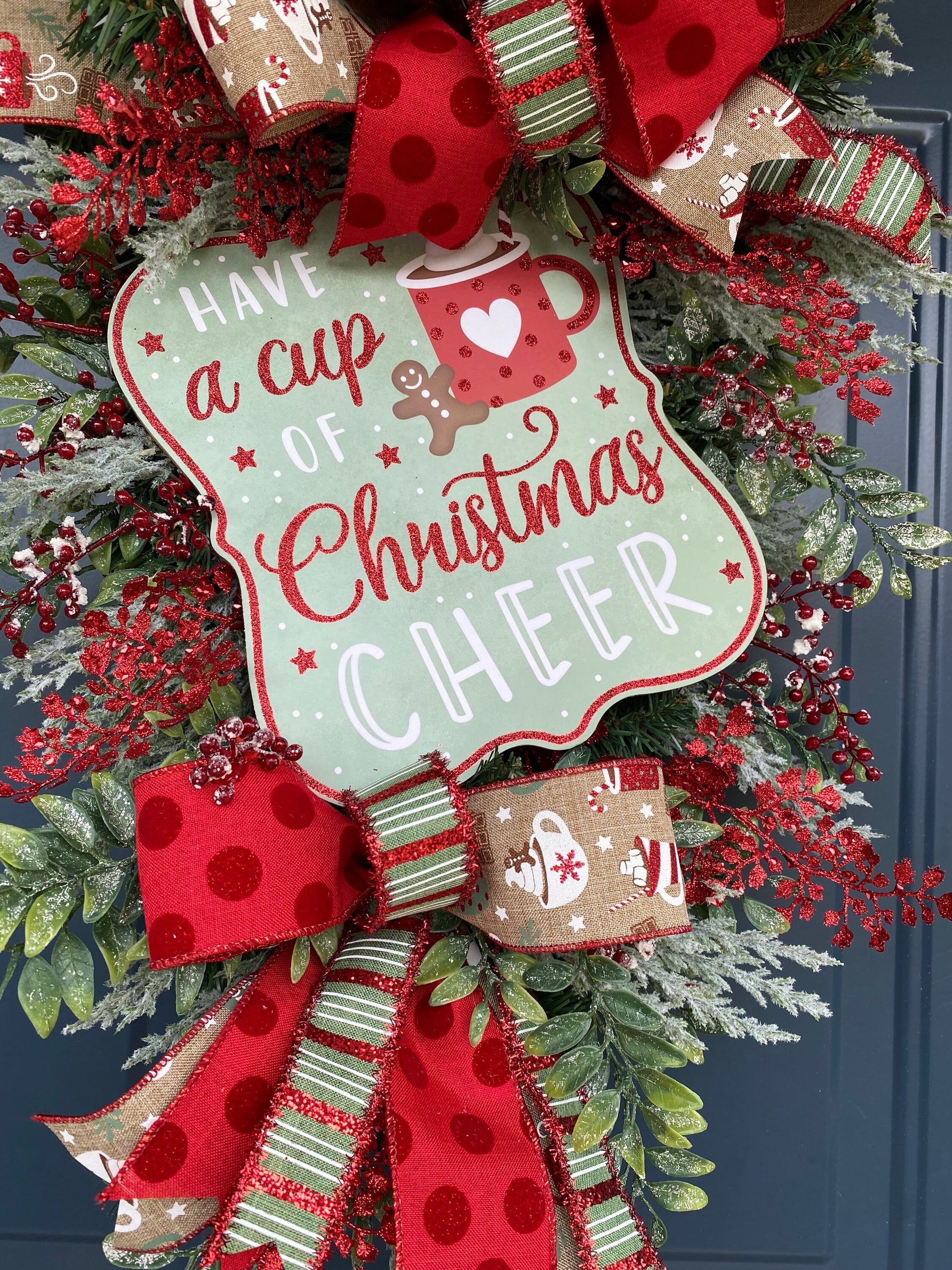 Hot Cocoa Cup Christmas Teardrop Swag Wreath for Front Door, Holiday Kitchen Wreath for Hot Cocoa Bar, Mint green and red outdoor wreath