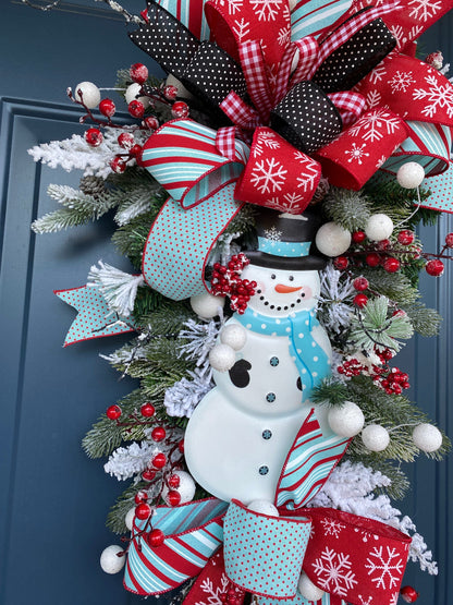 Winter Snowman Teardrop Swag Wreath for Front Door, Snowy Decor for Christmas and Winter, Frosty Decoration for front door