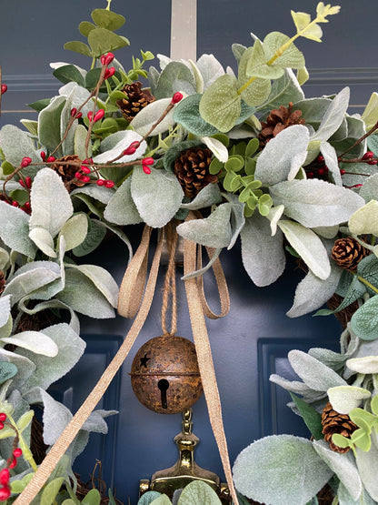 Winter Bell Door Wreath with Berries and Pine Cones, Christmas Rusty Jingle Bell Lambs Ear Eucalyptus Rustic Wreath, Minimalist Farmhouse