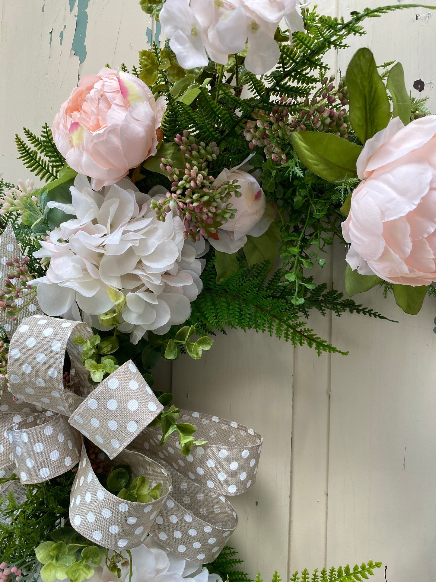 Hydrangea and Peony Vintage Rustic Farmhouse Wreath, Country Cottage Wreath for Front Door, Champagne Pink Peony Floral Natural Decor