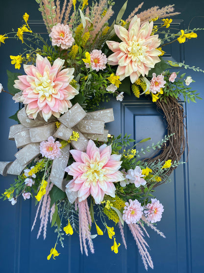 Pink Yellow Dahlia and Wildflower Floral Wreath, Boho Spring Summer Decorative Door Decorations, Country Cottage Garden Mothers Day Gift