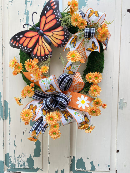 Summer Butterfly Wreath for Front Door, Monarch Butterfly Mother's Day Gift, Floral Moss Wreath for Spring Summer, Handmade gift for Mother