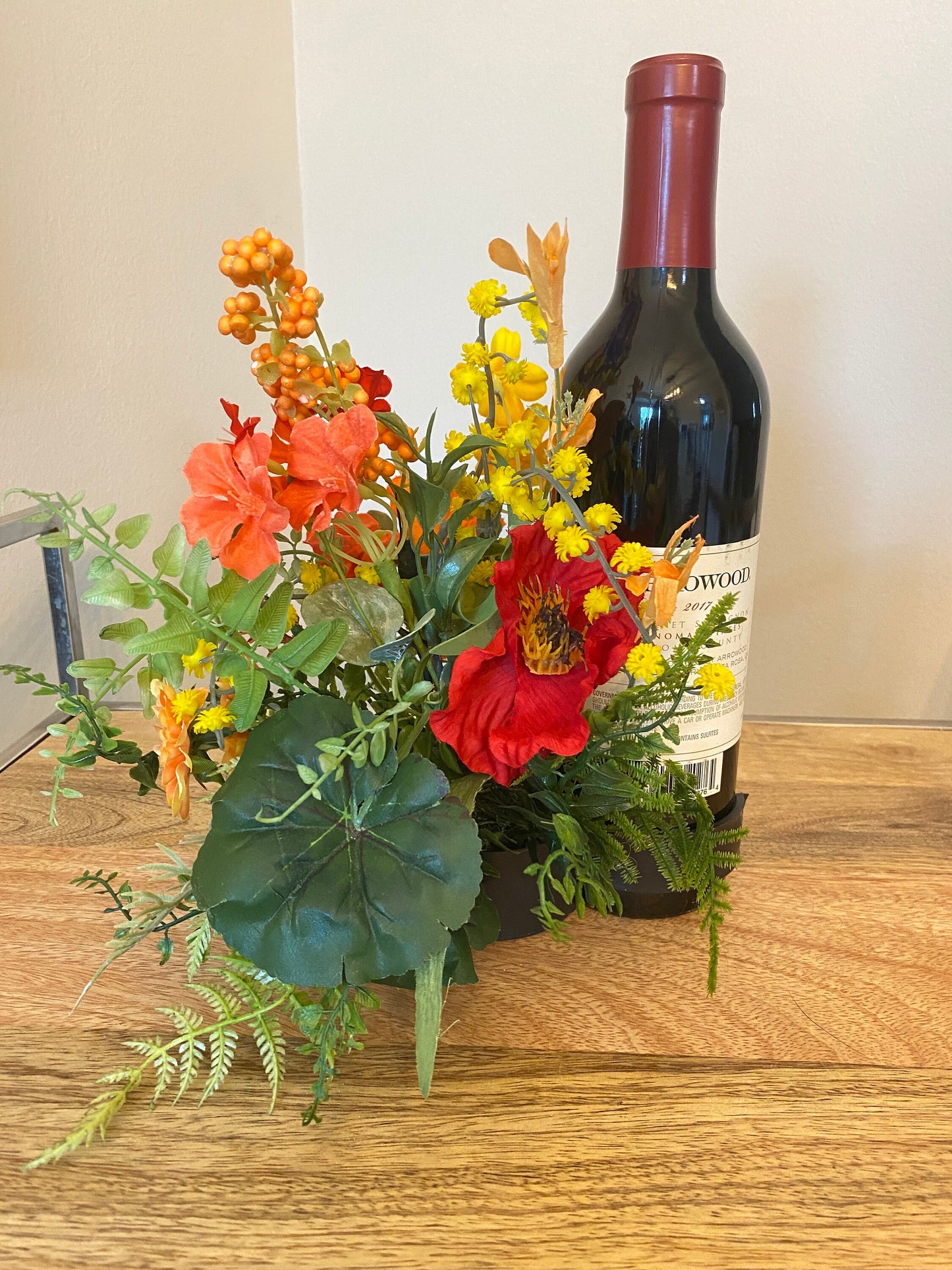Bright Floral Wine Bottle Bouquet, Summer Arrangement for Candle Hostess Gift, Housewarming Gift, Bridal Shower Decor, Mother’s Day Gift,