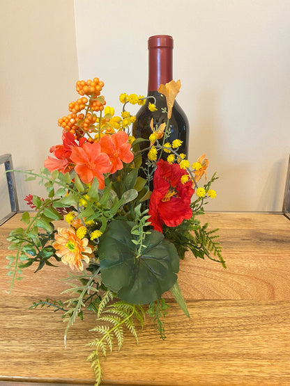 Bright Floral Wine Bottle Bouquet, Summer Arrangement for Candle Hostess Gift, Housewarming Gift, Bridal Shower Decor, Mother’s Day Gift,