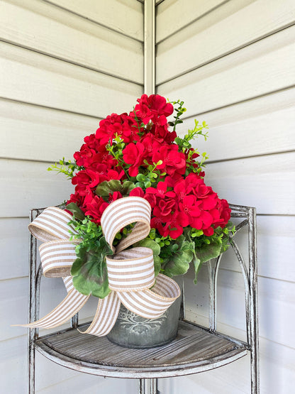 Summer Red Geranium Door Bucket Wreath for Front Door, Rustic Red Geranium Wreath, Red Geranium Boxwood Porch Arrangement, Hanging Basket