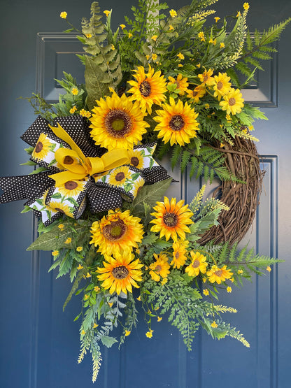 Yellow Summer Sunflower and Wildflower Wreath, Sunflower Porch Decor, Grapevine Door Hanger for Front Door, Mother's Day Gift idea