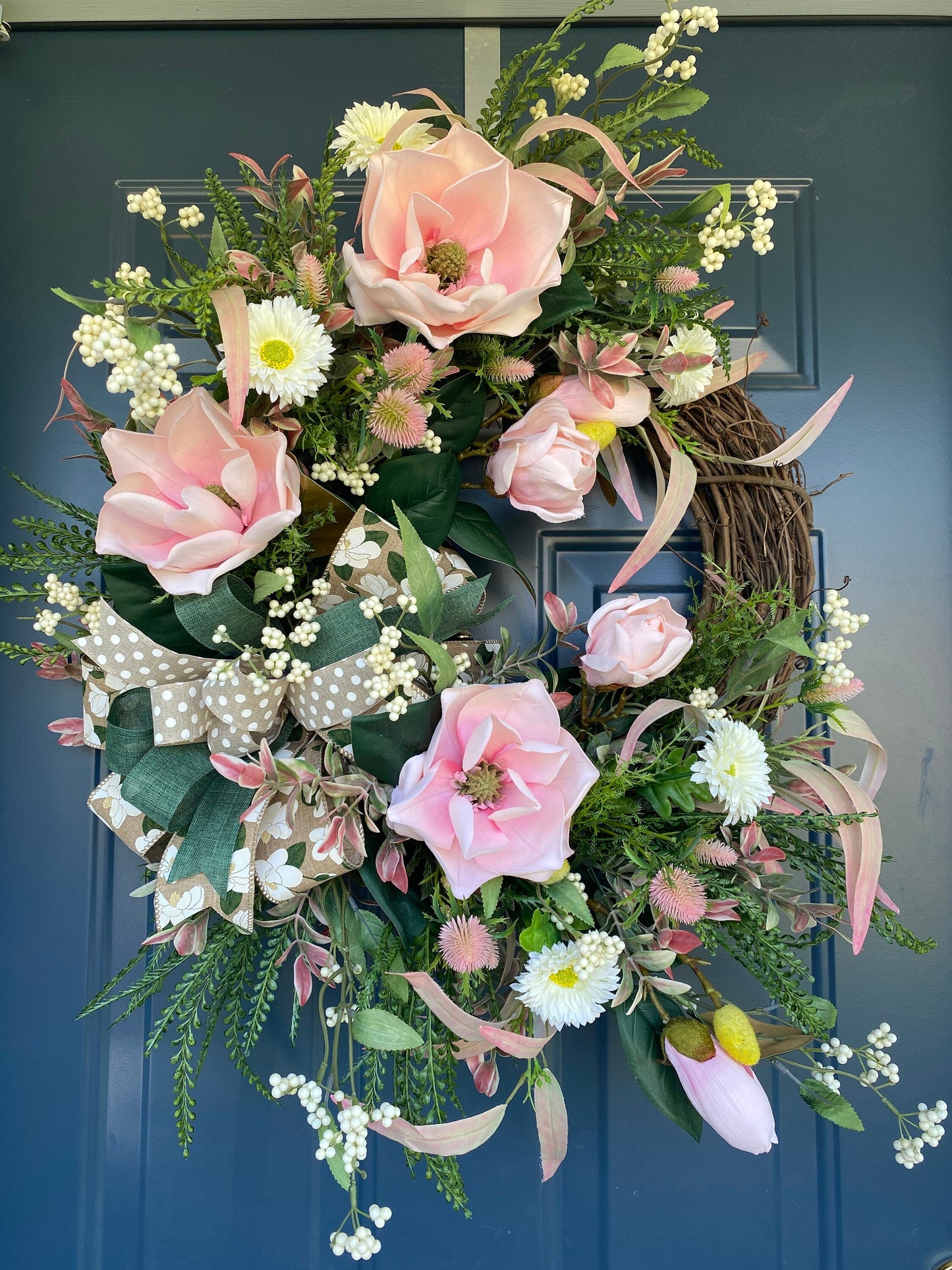Elegant Pink Magnolia Year Round Wreath for Front Door, Xtra Large Everyday Floral Wreath