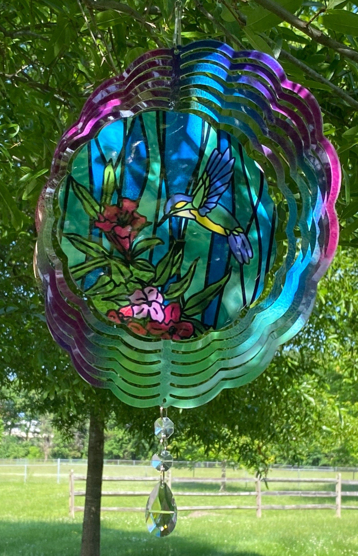 Hummingbird Wind Spinner, Hanging Stained Glass Effect Hummingbird Wind Spinner, Hummingbird Gifts, Yard Art Metal Hummingbird Spinner