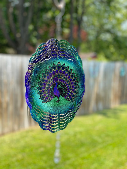 Peacock Wind Spinner, Hanging Stained Glass Look Peacock Metal Wind Spinner, Garden Lover Gifts, Yard Art Peacock Sun Catcher