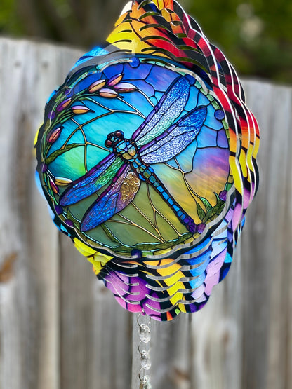Colorful Stained Glass Look Dragonfly Wind Spinner, Gardener Gift metal Wind Catcher, Dragonfly Gifts, Hanging Porch Decor Sun Catcher