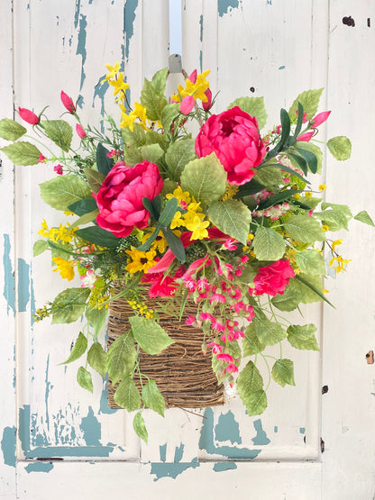 Pink Peony Door Basket Wreath, Late Summer Fall Hanging Flower Basket, Rustic Floral Decor, Rattan Basket Wall Arrangement