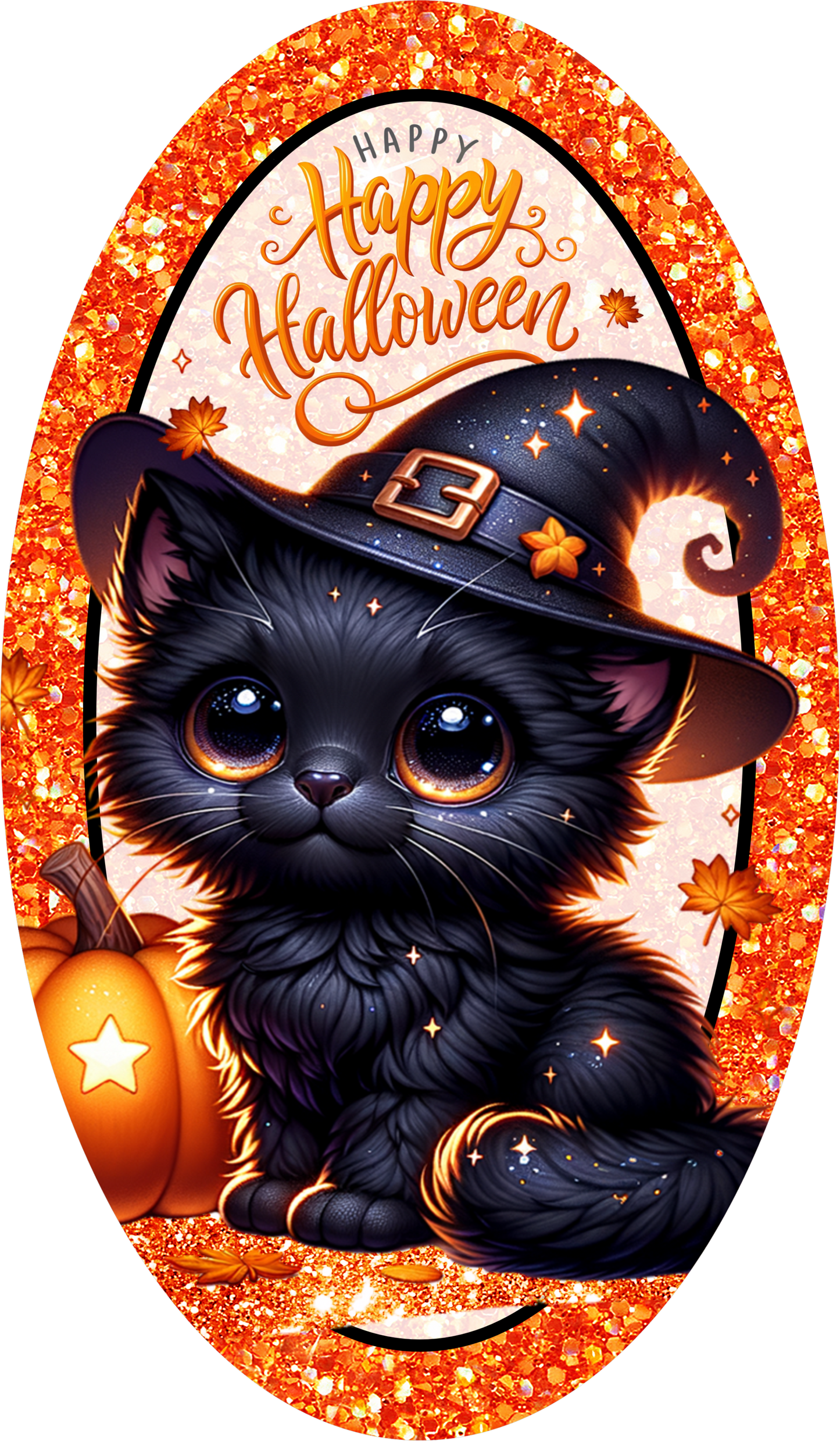 Kitty with Witch Hat Oval Wreath Sign