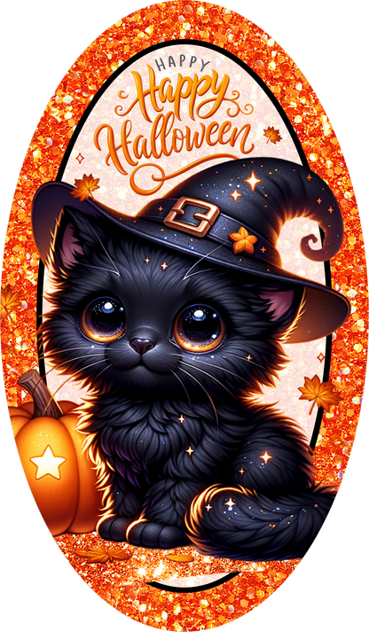 Kitty with Witch Hat Oval Wreath Sign