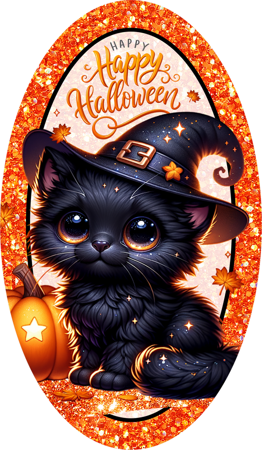 Kitty with Witch Hat Oval Wreath Sign