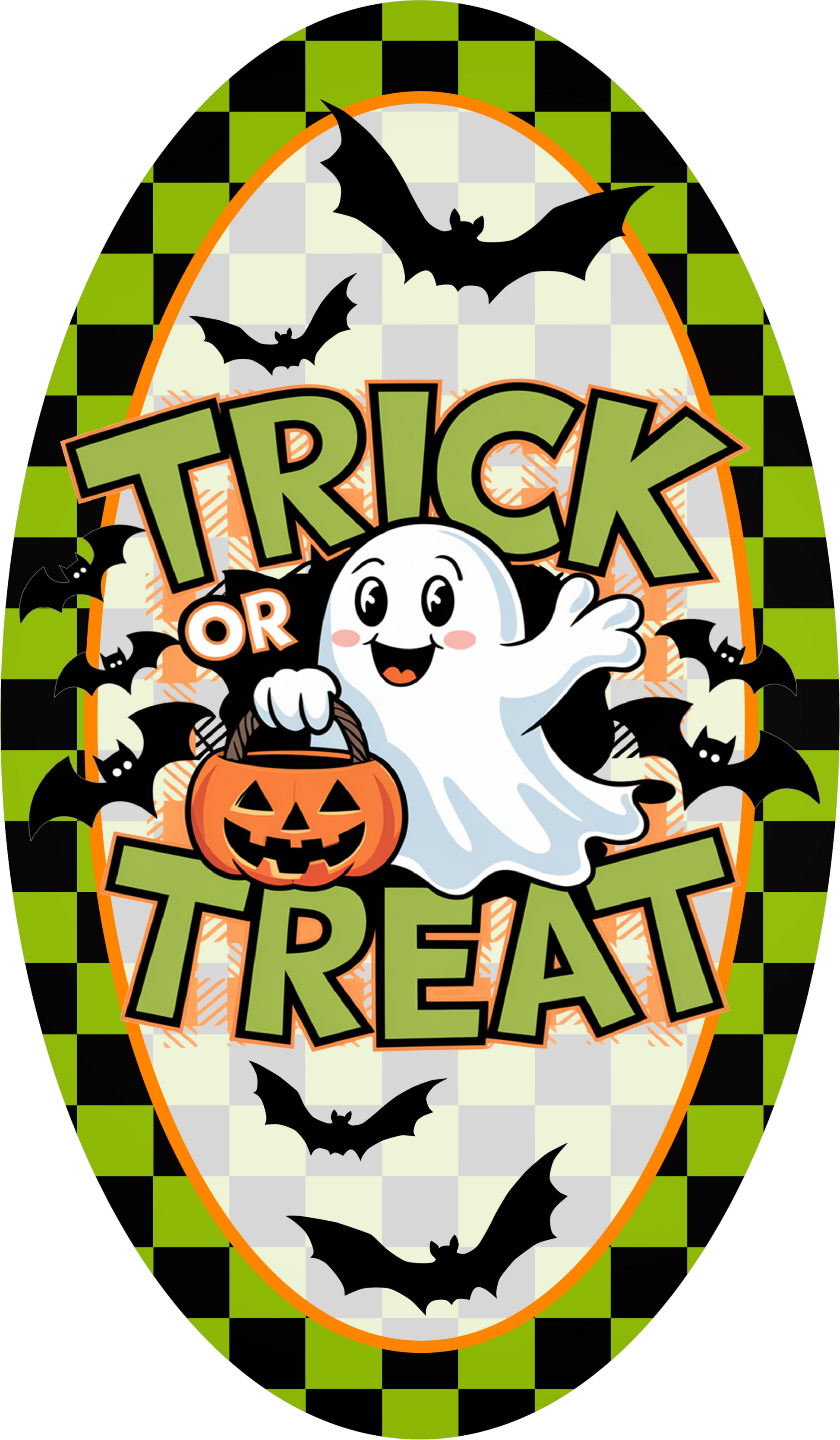 Green Black Ghost Trick or Treat Oval Wreath Sign