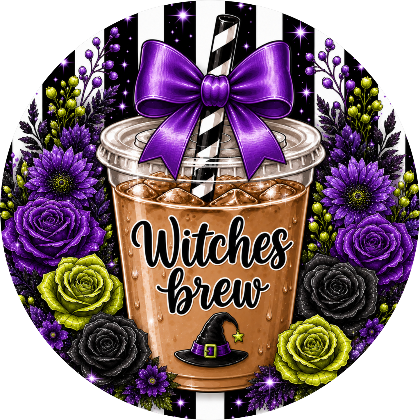 Black White Witches Brew Purple Green Flowers Round Wreath Sign