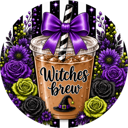 Black White Witches Brew Purple Green Flowers Round Wreath Sign