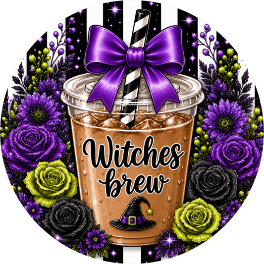 Black White Witches Brew Purple Green Flowers Round Wreath Sign