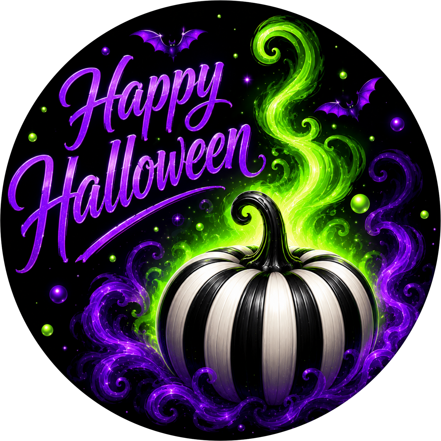 Purple Green with White Black Pumpkin Round Wreath Sign
