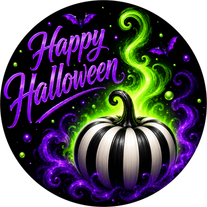 Purple Green with White Black Pumpkin Round Wreath Sign