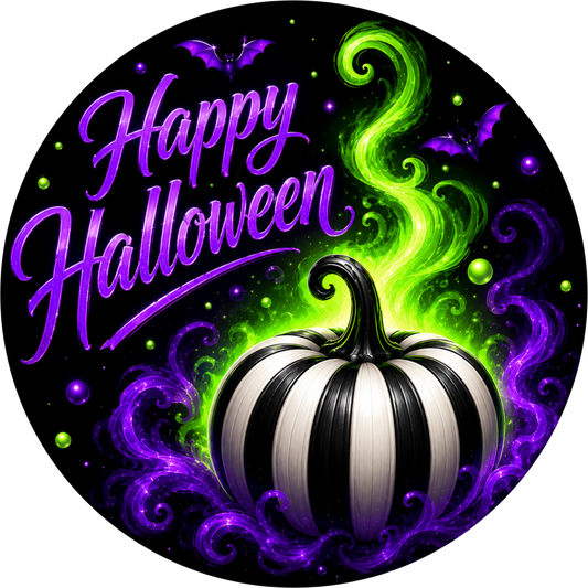 Purple Green with White Black Pumpkin Round Wreath Sign