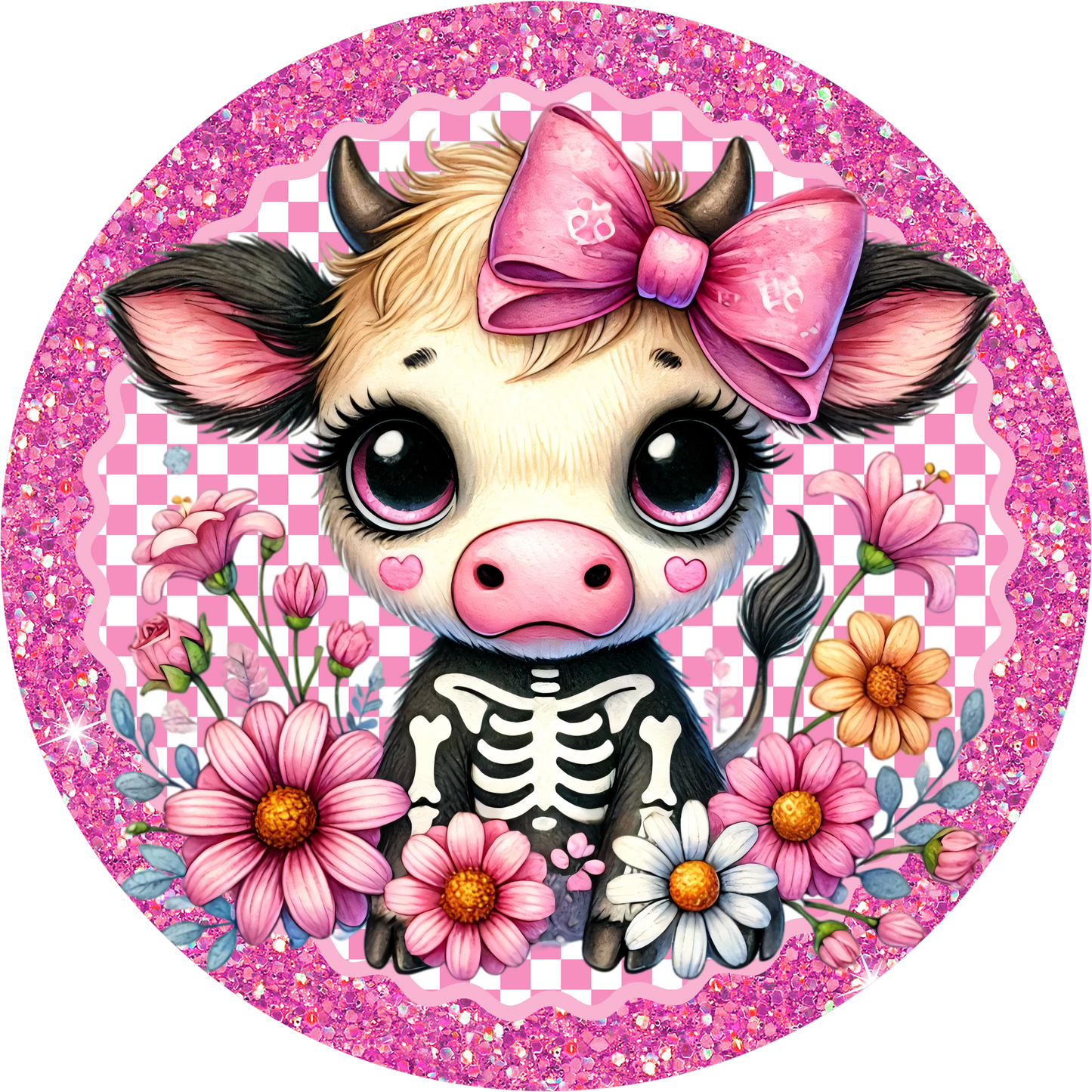 Baby Cow Skeleton Round Wreath Sign