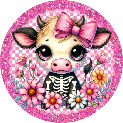 Baby Cow Skeleton Round Wreath Sign