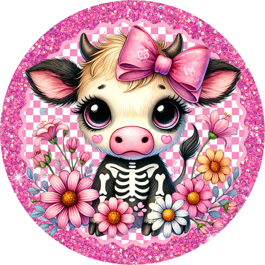 Baby Cow Skeleton Round Wreath Sign