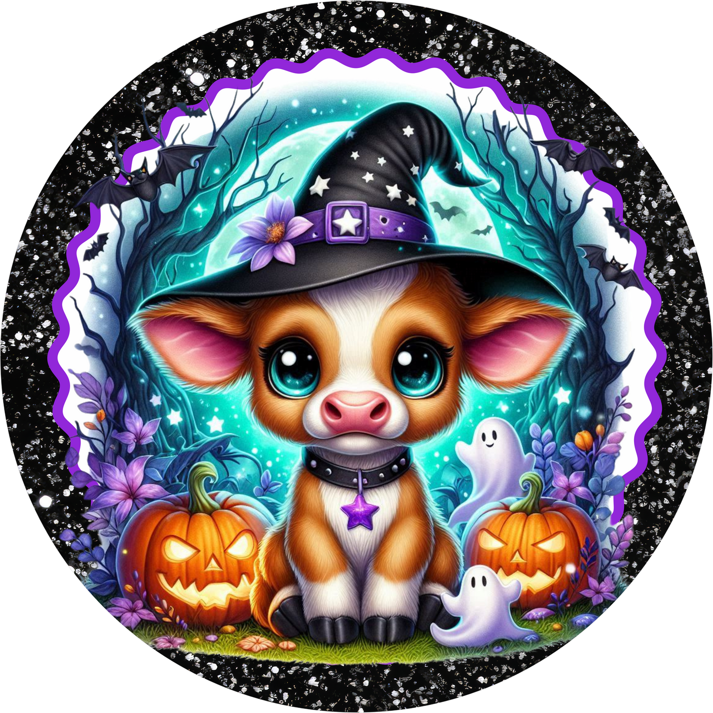 Baby Witch Cow Aqua Black Round Wreath Sign